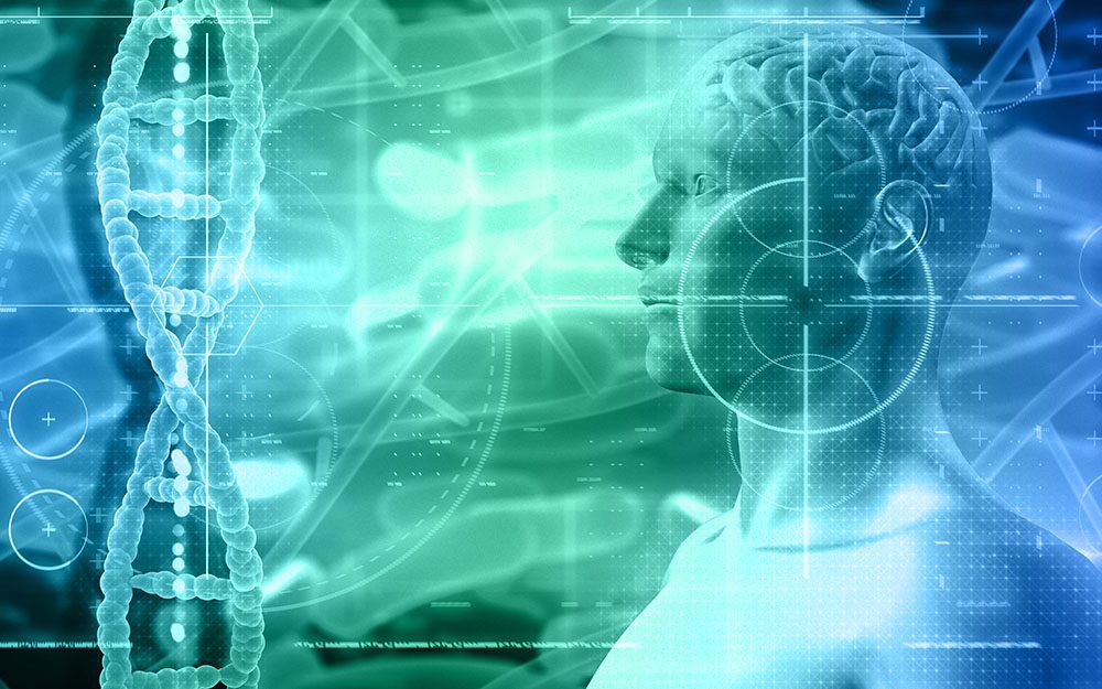 3D medical background with male figure with brain and DNA strand